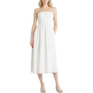 Wayf Strapless Linen‎ Midi Dress Womens Small Ivory White